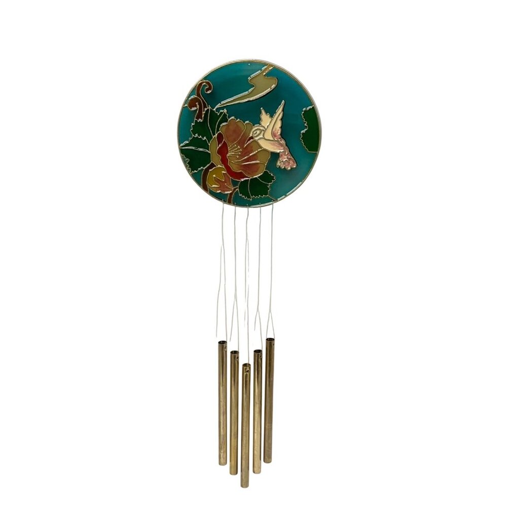 Hummingbird & Flower Stained Plastic Glass Wind Chime With‎ Brass Tubes 6"